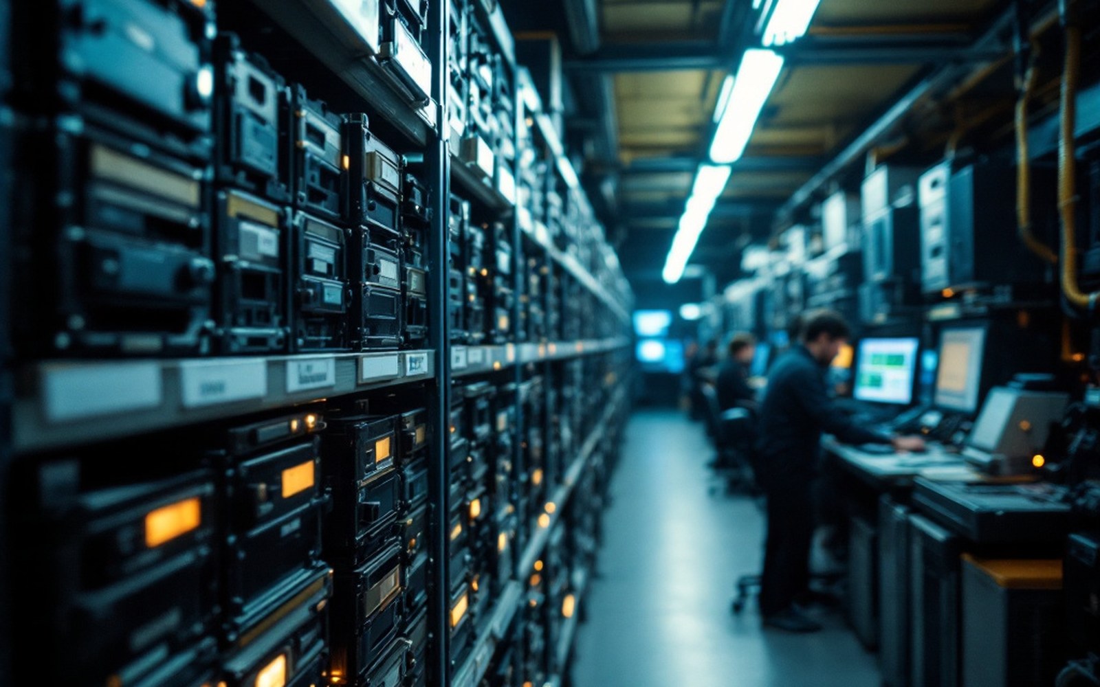 A rack of old hard drives and tape cartridges on shelving in an archive room, labelled, fluorescent light