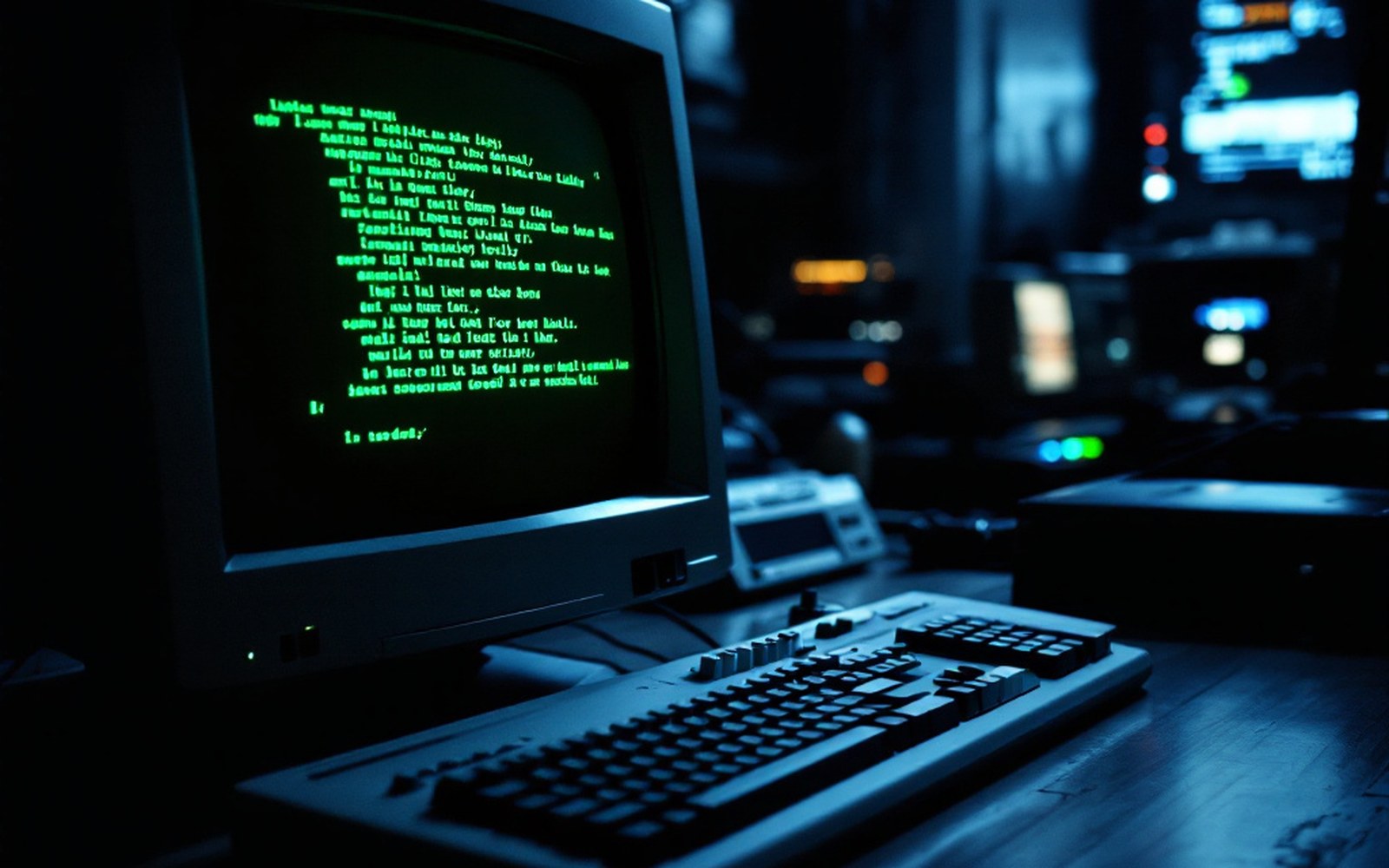 A CRT monitor in a dark room showing a green-on-black text interface, the screen the only light source, keyboard just visible